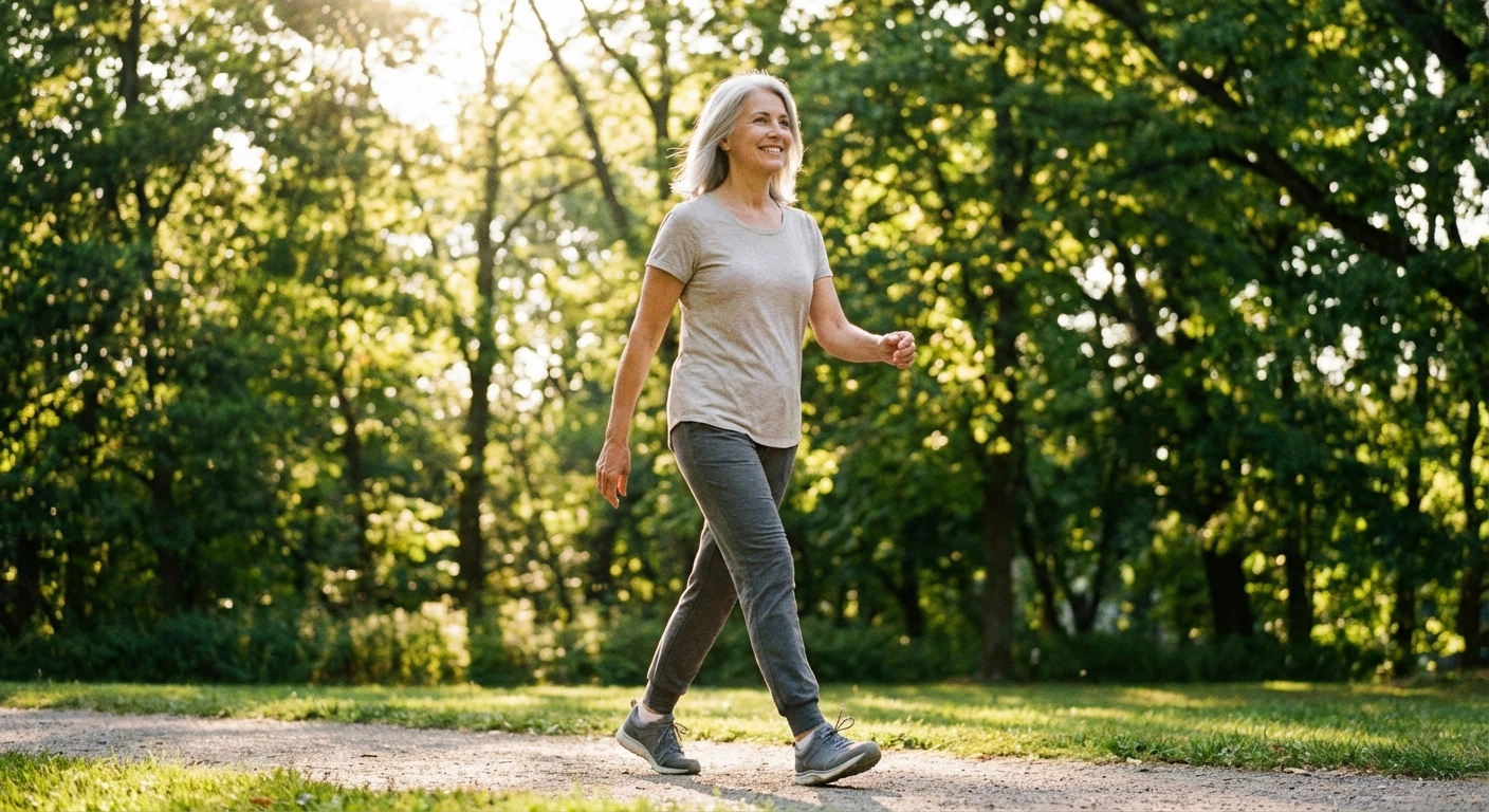 Woman with neuropathy taking daily walk outdoors to support nerve health and myelin protection