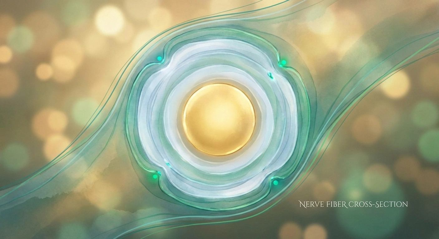 Artistic cross-section illustration of a nerve fiber showing the myelin sheath surrounding the axon