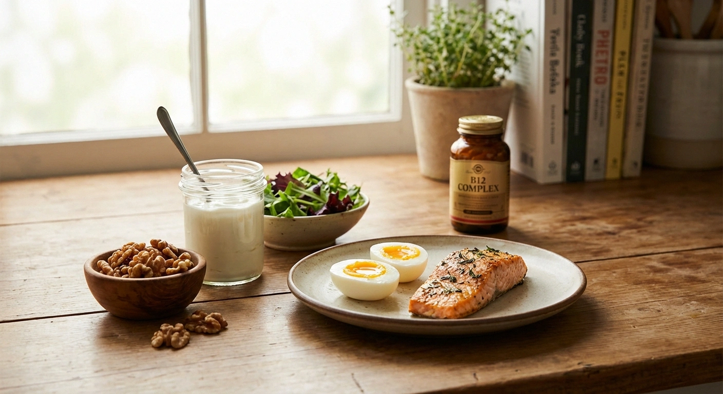 B12-rich foods that support myelin health including eggs, salmon, and leafy greens for neuropathy nutrition
