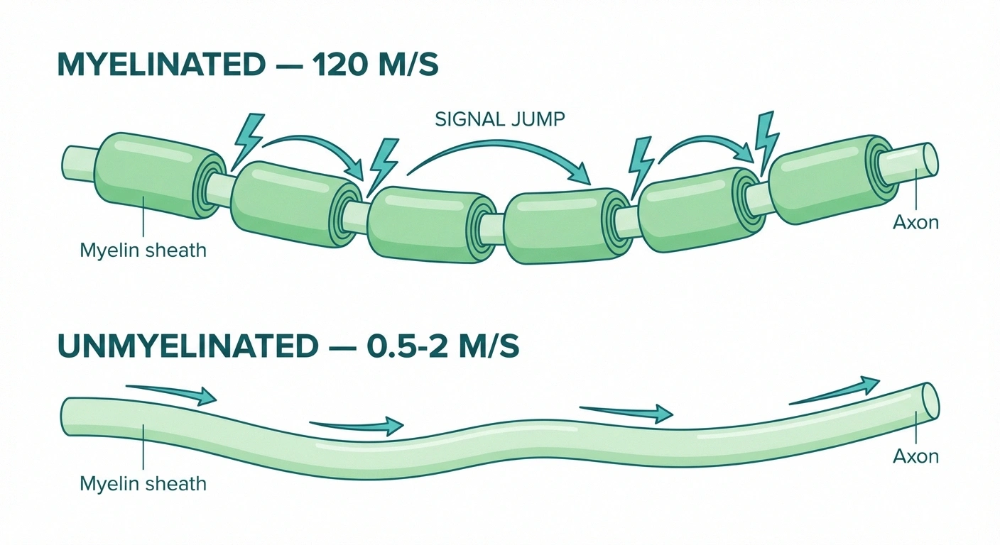 Illustration comparing saltatory conduction in myelinated nerves versus slow continuous conduction in unmyelinated fibers
