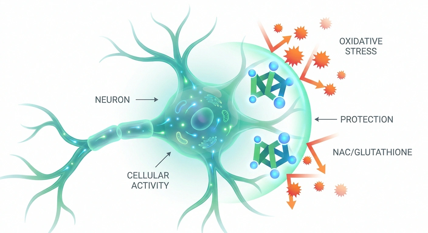 NAC N-acetyl cysteine mechanism showing glutathione protection of nerve cell from oxidative stress