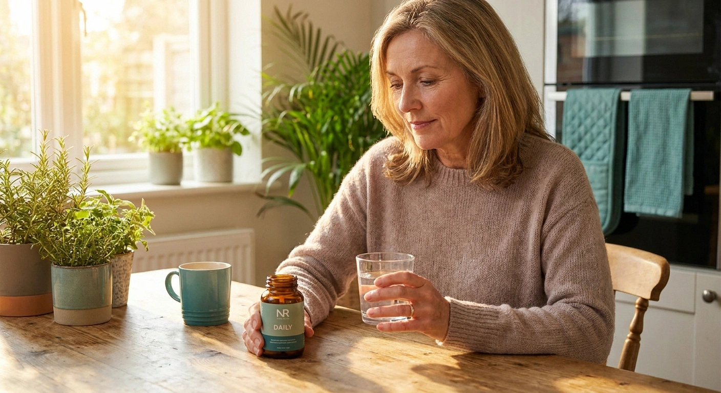 Woman reviewing NAC supplement bottle for neuropathy nerve pain relief
