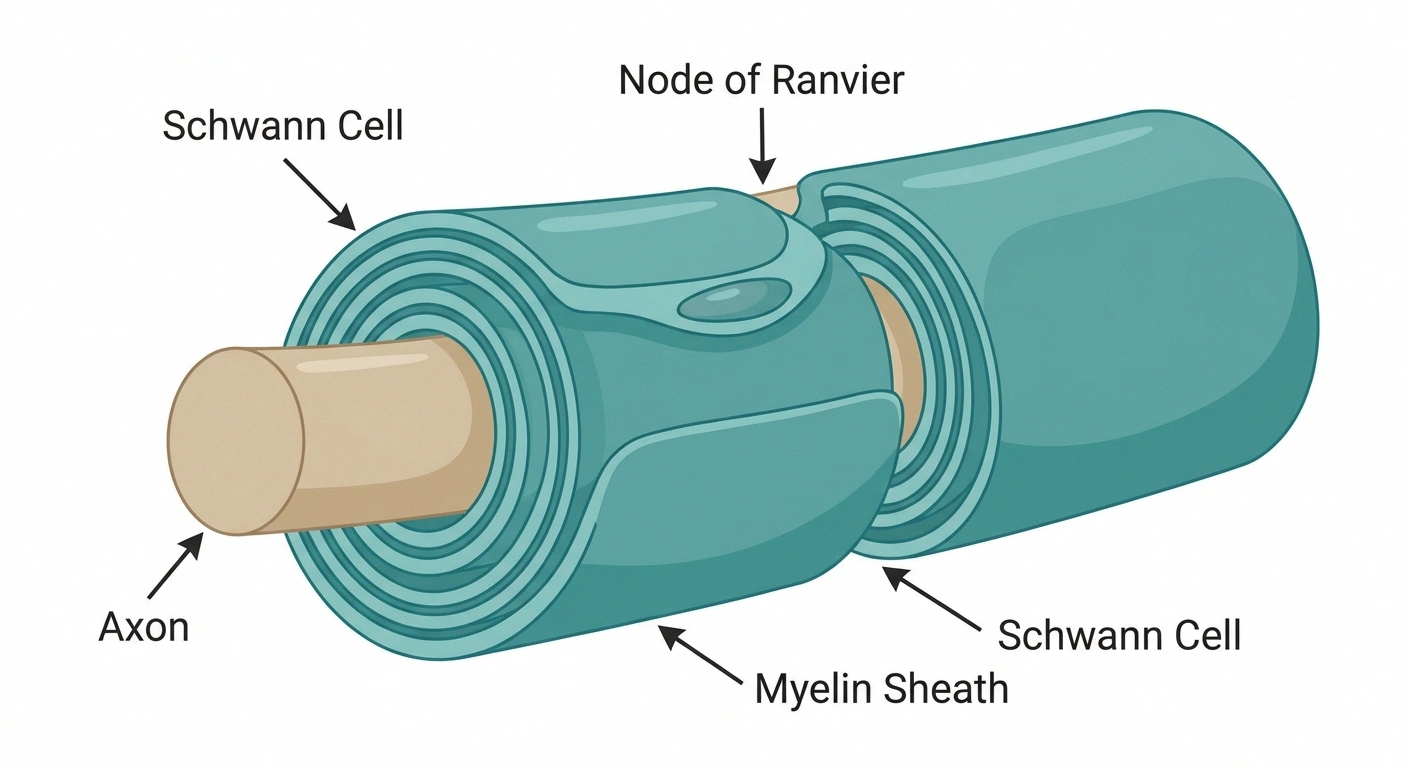 Diagram of nerve fiber anatomy showing axon and myelin sheath structure for neuropathy education