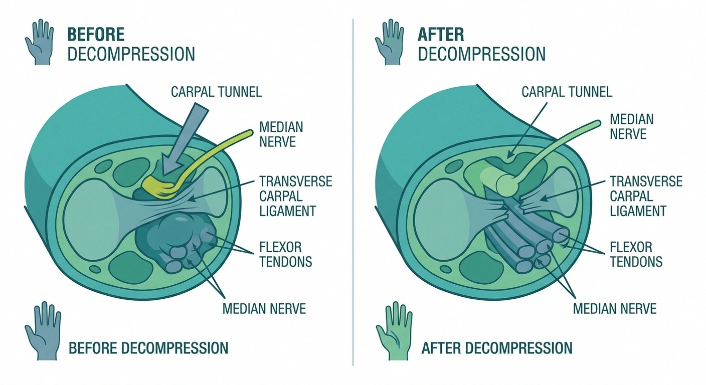 Medical diagram showing nerve compression in carpal tunnel before and after decompression surgery