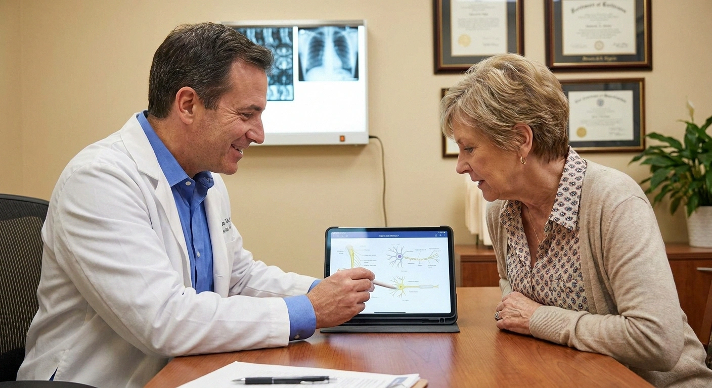 Surgeon discussing nerve entrapment findings with patient before recommending decompression surgery