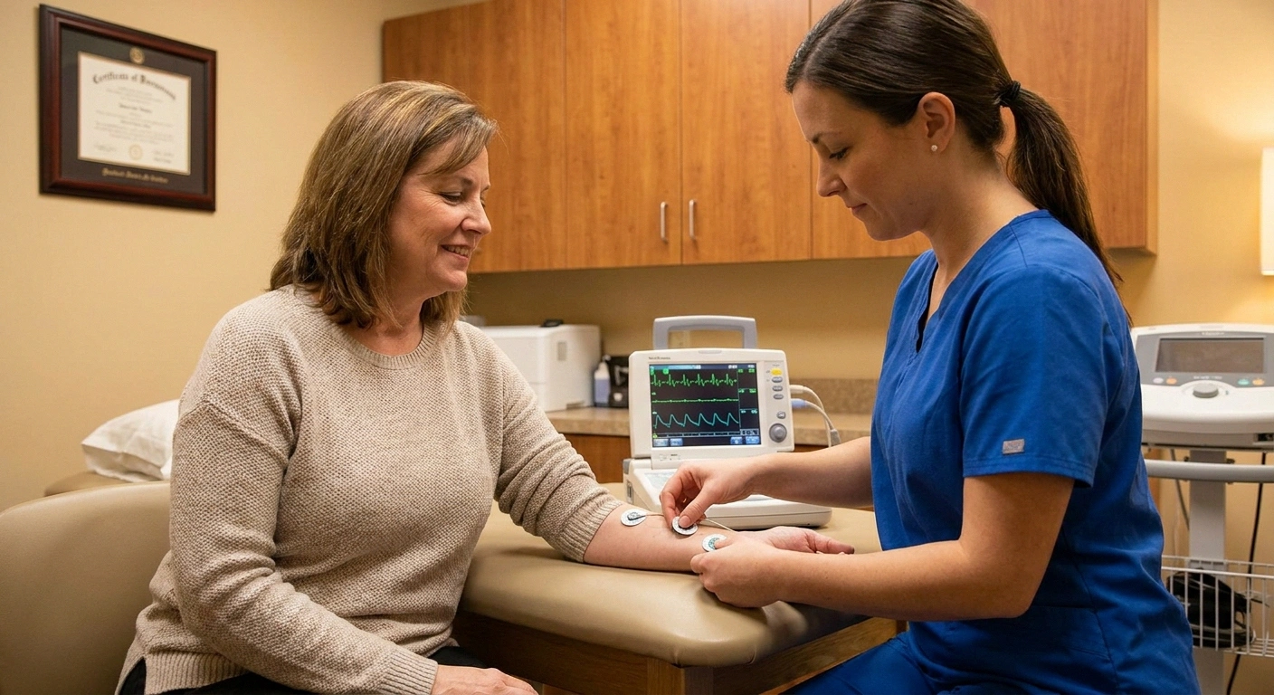 Technician performing nerve conduction study to diagnose nerve entrapment before decompression surgery