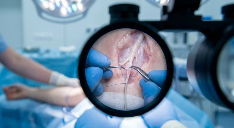 Surgeon performing peripheral nerve decompression surgery to treat neuropathy