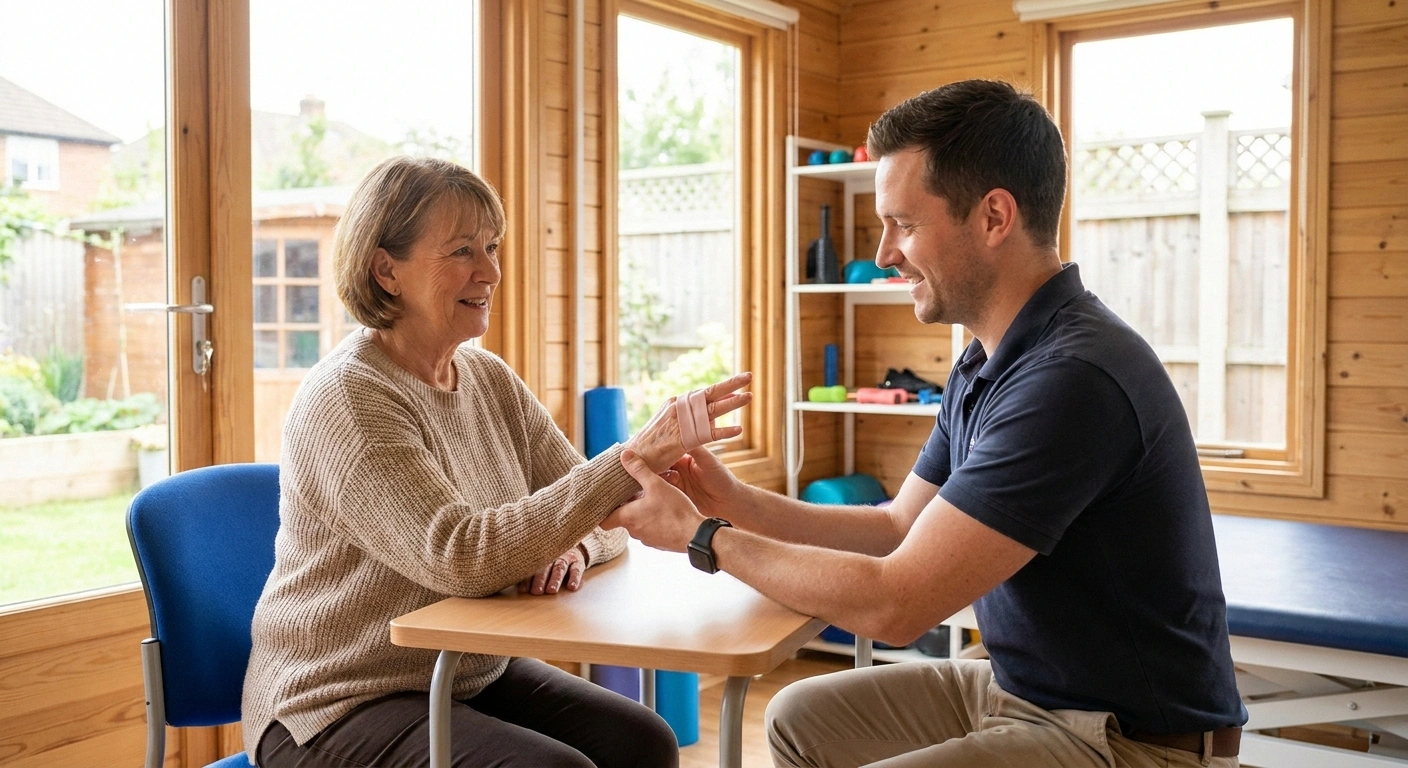 Patient doing hand physical therapy exercises after nerve decompression surgery for neuropathy