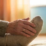 Person gently touching their foot while considering whether nerve damage from neuropathy can heal and regenerate