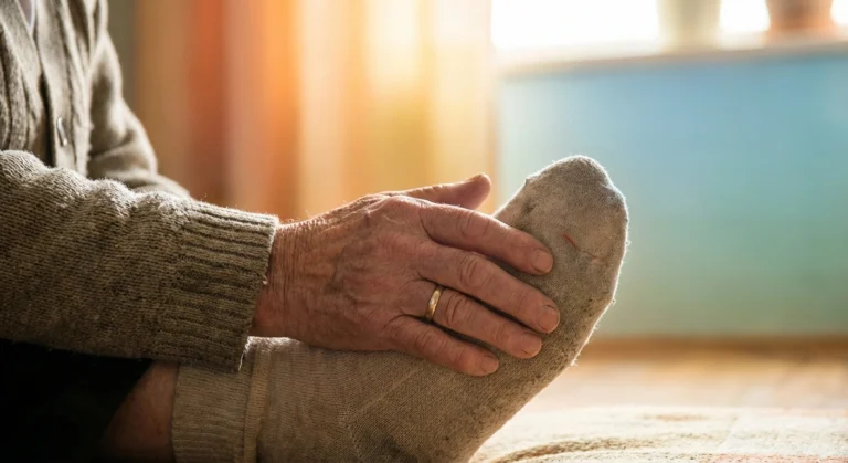 Person gently touching their foot while considering whether nerve damage from neuropathy can heal and regenerate