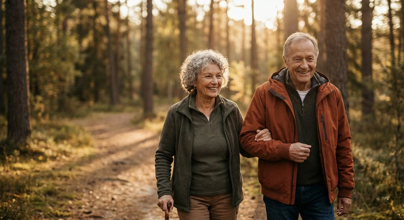 Older adult walking confidently outdoors representing the hopeful recovery journey possible with nerve regeneration after neuropathy