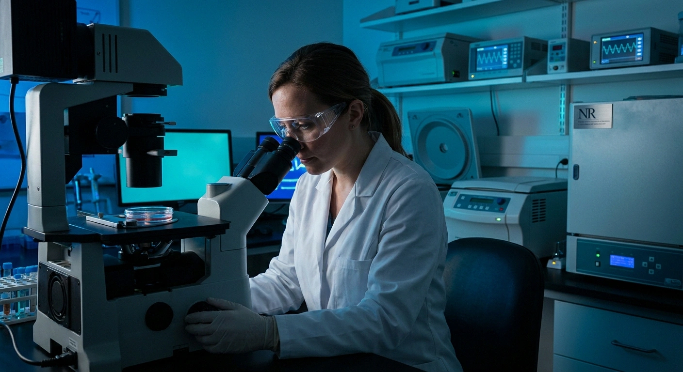 Neuroscience researcher examining nerve regeneration specimens in laboratory — 2025 neuropathy treatment research