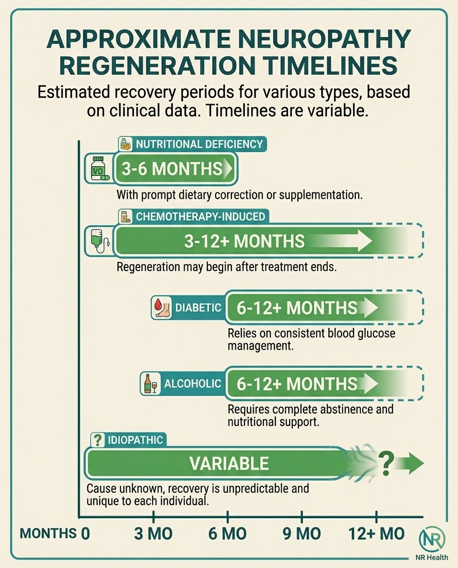 Timeline comparison showing how long nerve regeneration may take for different types of neuropathy including diabetic, chemotherapy-induced, and nutritional deficiency neuropathy