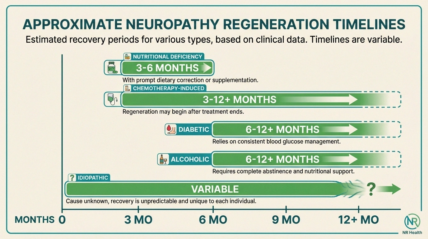 Timeline comparison showing how long nerve regeneration may take for different types of neuropathy including diabetic, chemotherapy-induced, and nutritional deficiency neuropathy