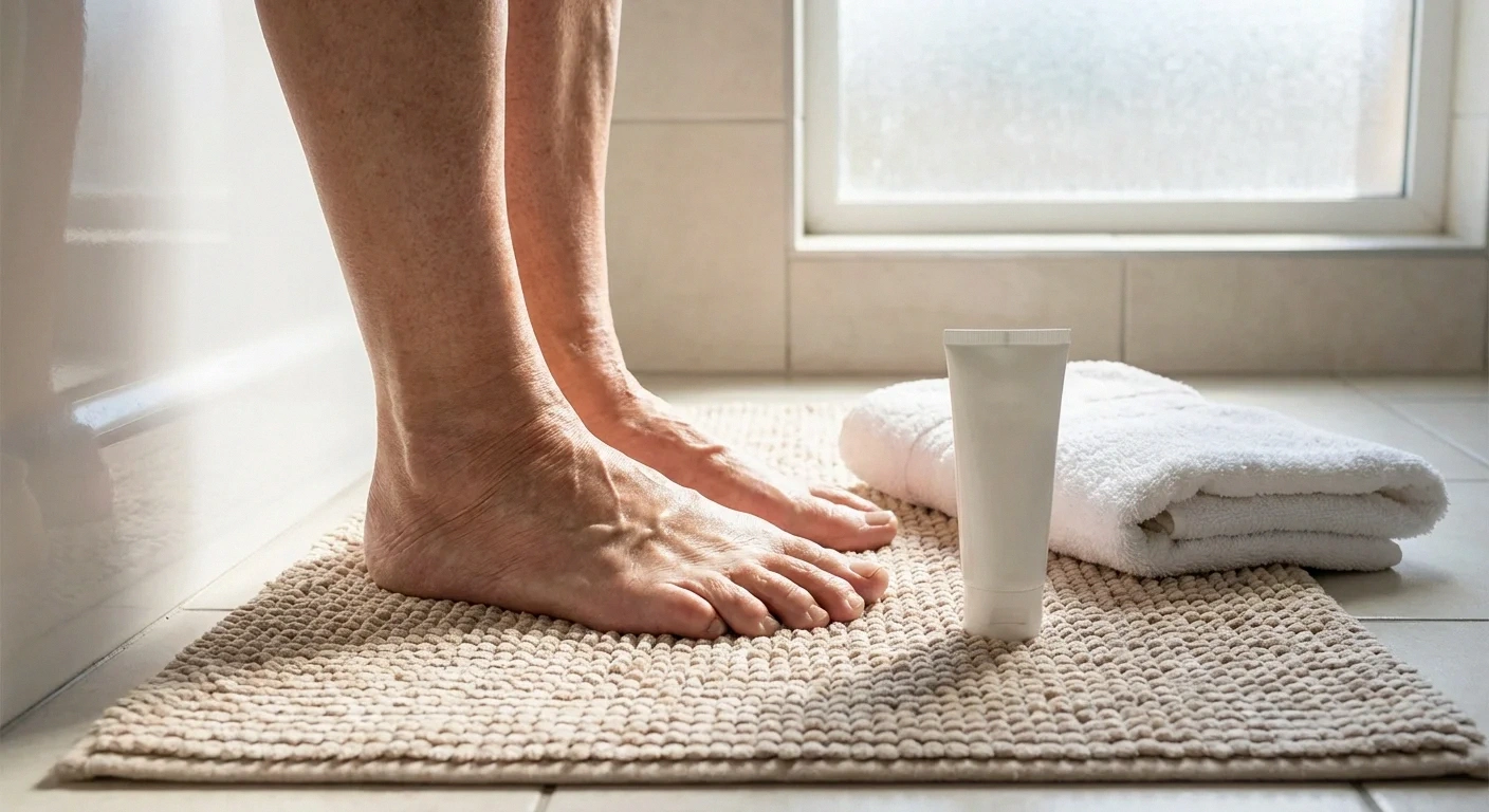 Foot care routine for neuropathy showing moisturizing cream and towel next to bare feet