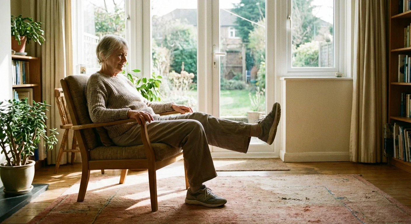 Older woman doing gentle seated leg exercises in a bright living room for neuropathy management