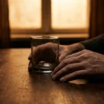 Empty whiskey glass on dark table with trembling hands nearby representing the decision to stop drinking with neuropathy