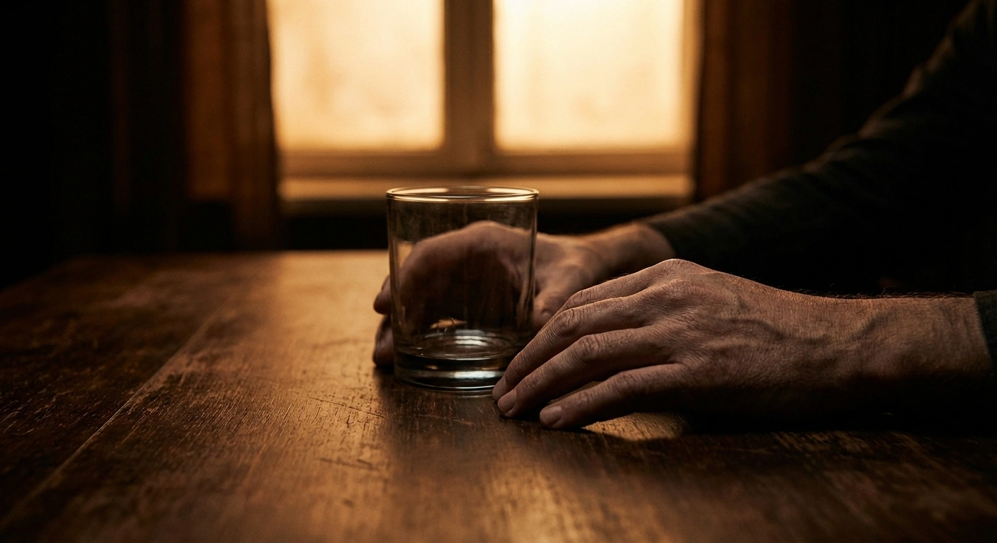Empty whiskey glass on dark table with trembling hands nearby representing the decision to stop drinking with neuropathy
