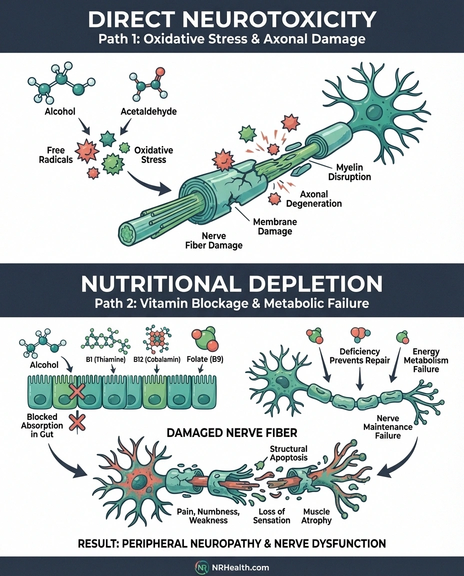 Infographic showing two mechanisms of alcohol nerve damage: direct neurotoxicity and nutritional deficiency working together