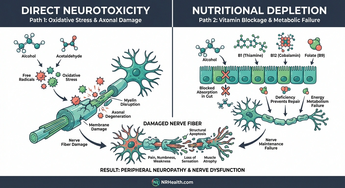 Infographic showing two mechanisms of alcohol nerve damage: direct neurotoxicity and nutritional deficiency working together