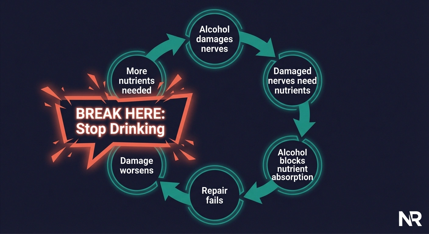 Vicious cycle diagram showing how alcohol creates a nutritional deficiency trap that worsens neuropathy with a break point at stopping drinking