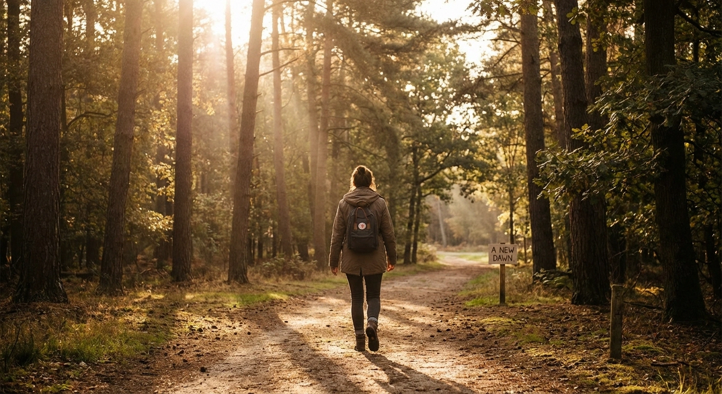 Person walking confidently on a sunlit forest path representing hope for neuropathy recovery after stopping alcohol