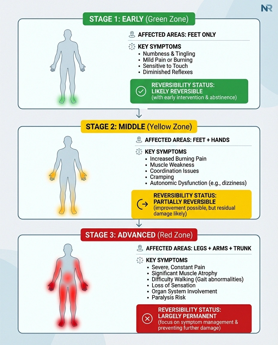 Three stages of alcoholic neuropathy progression from early reversible symptoms to advanced permanent nerve damage