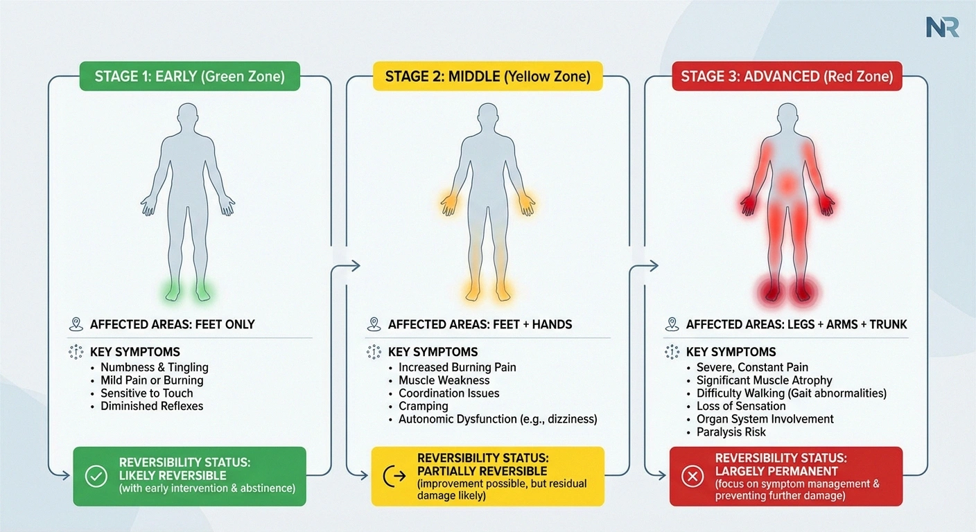 Three stages of alcoholic neuropathy progression from early reversible symptoms to advanced permanent nerve damage