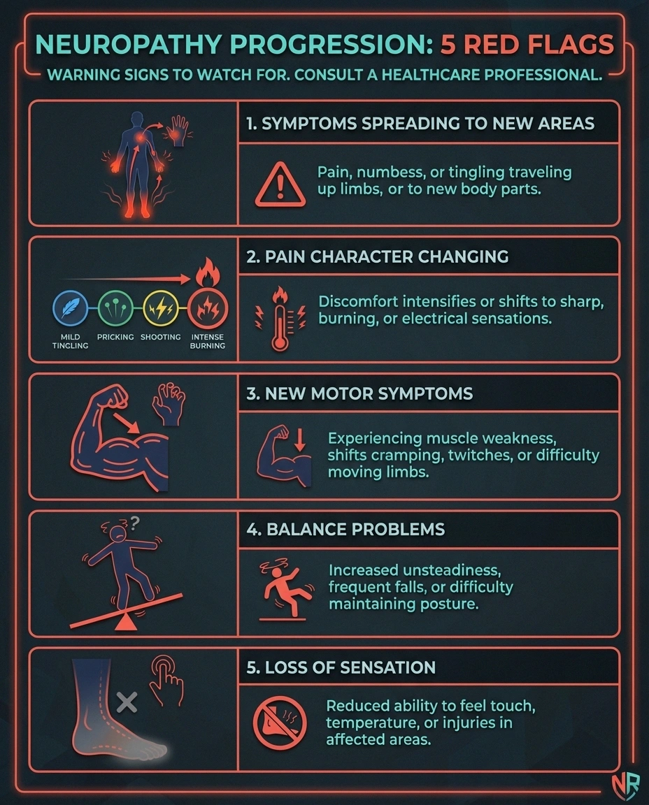Five warning signs checklist showing red flags that neuropathy is progressing including spreading symptoms and new motor problems