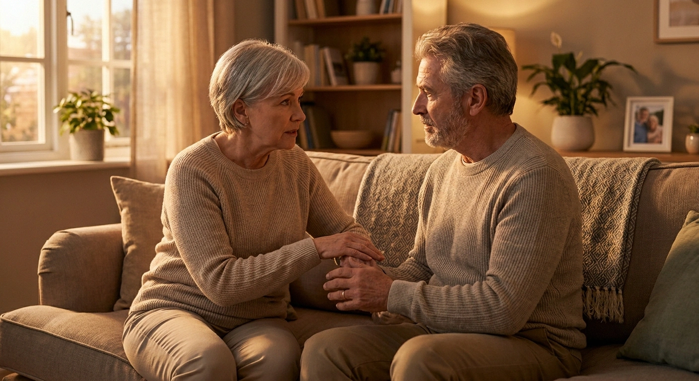 Older couple sitting on a couch facing each other in a soft-lit living room, having an honest conversation
