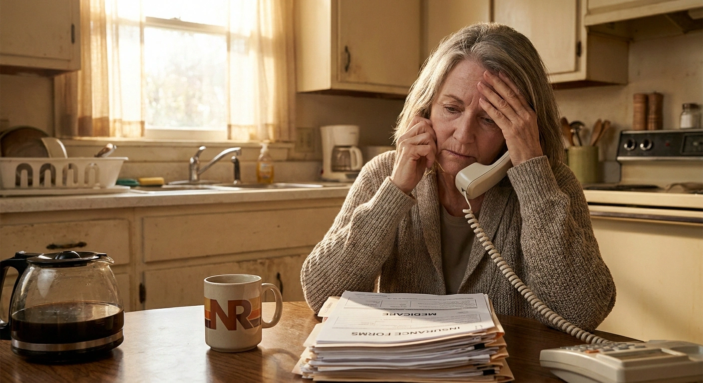 Older woman on hold with insurance company at her kitchen table, hand pressed to her forehead