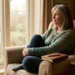 Older woman sitting in an armchair near a window in soft morning light with a journal beside her