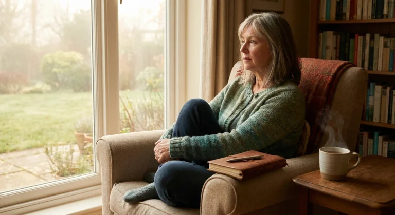 Older woman sitting in an armchair near a window in soft morning light with a journal beside her