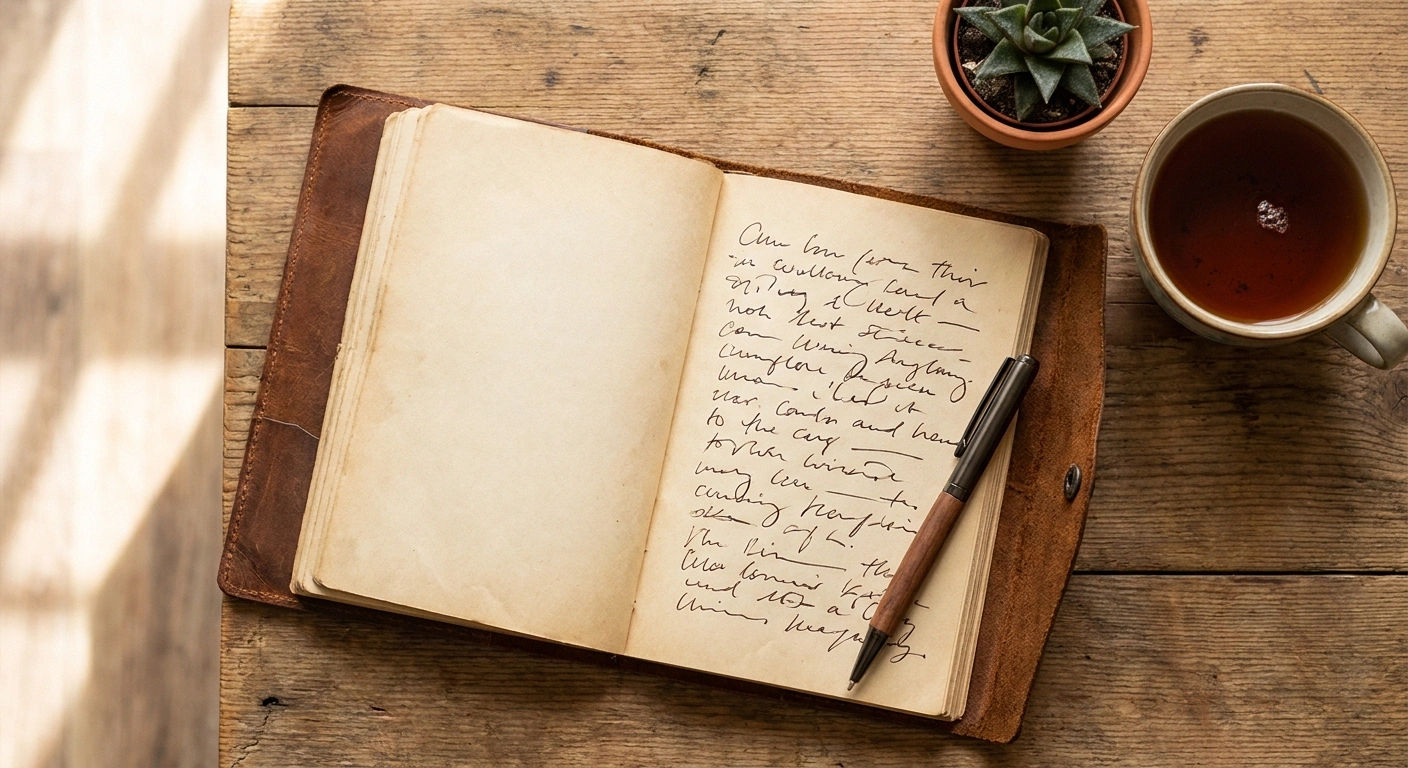 Open leather-bound journal with handwritten reflection on a wooden desk with a cup of tea
