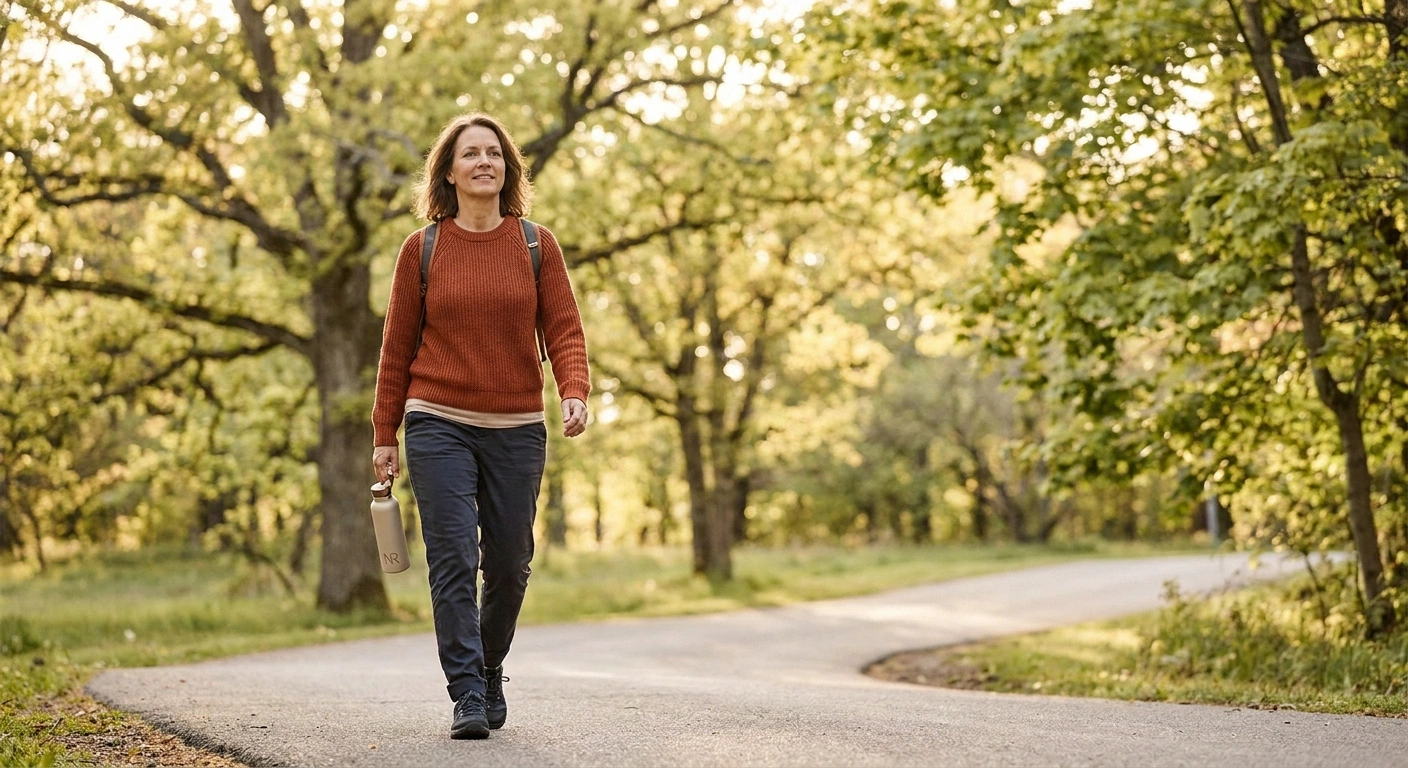 Older woman walking briskly along a tree-lined path in late afternoon light, working through difficult emotions through movement