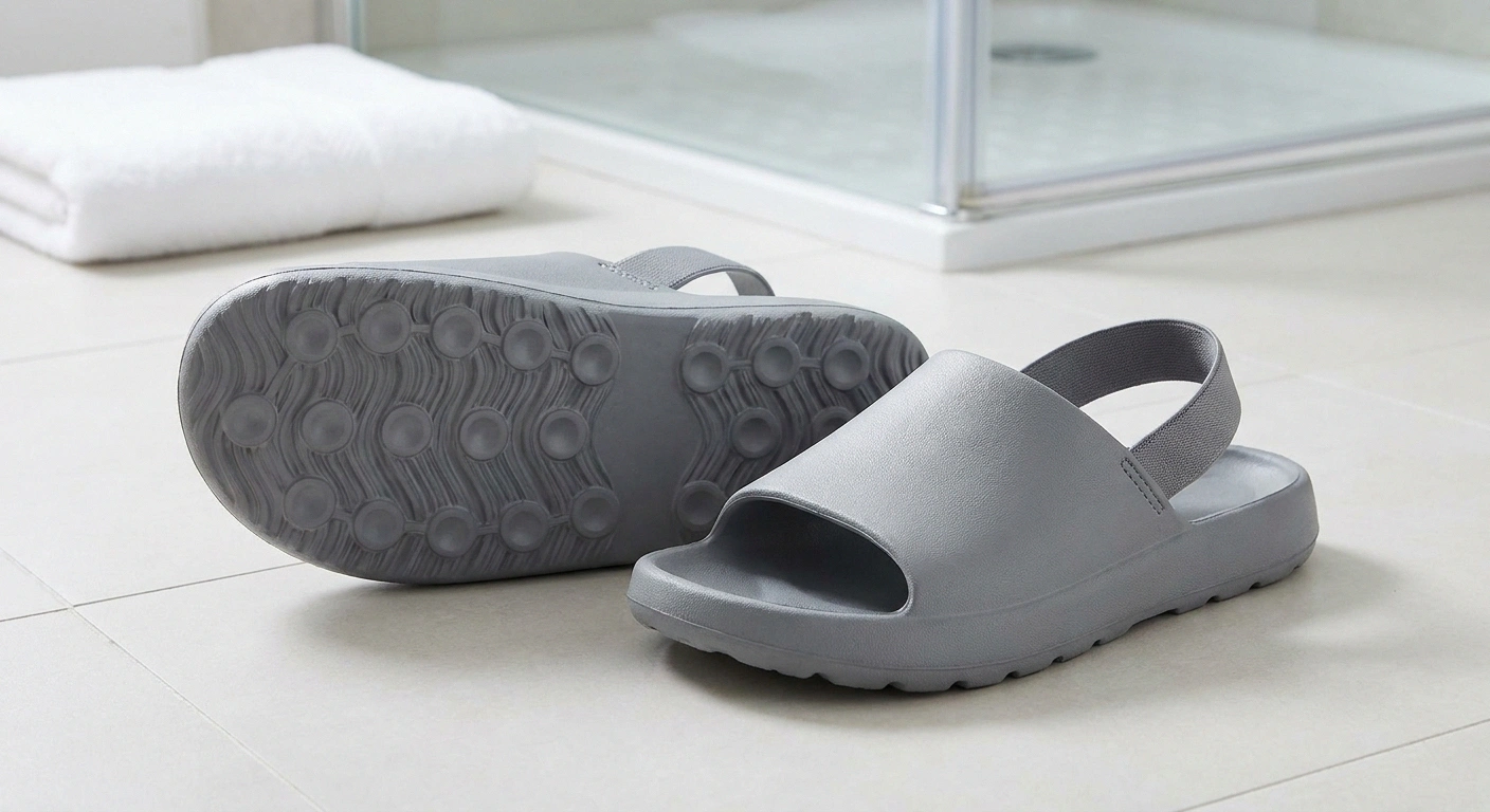 Non-slip shower shoes with heel strap for safe bathroom use with neuropathy