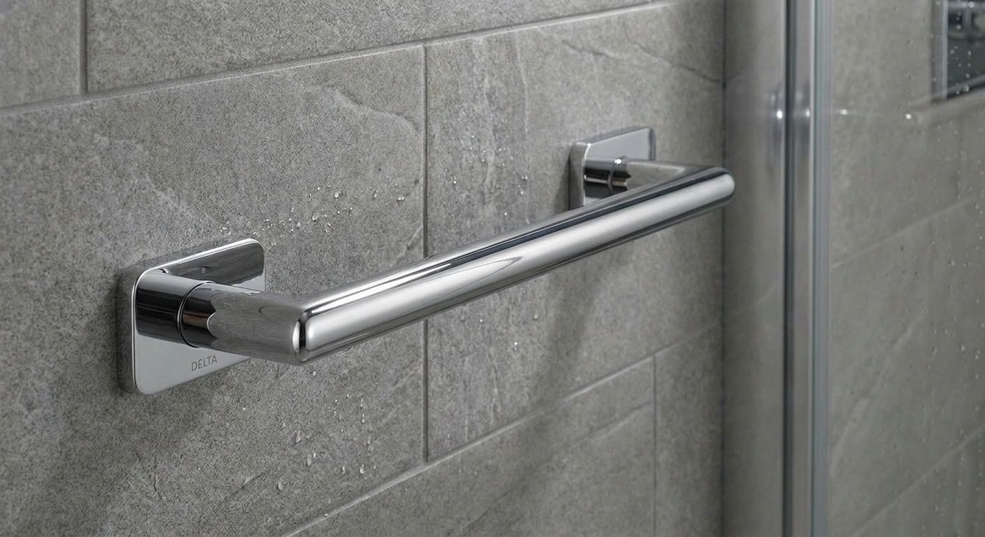 Properly installed grab bar next to shower entrance for neuropathy fall prevention
