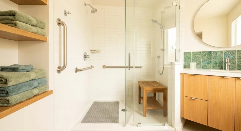 Accessible bathroom with grab bars, non-slip mat, and shower bench for neuropathy safety