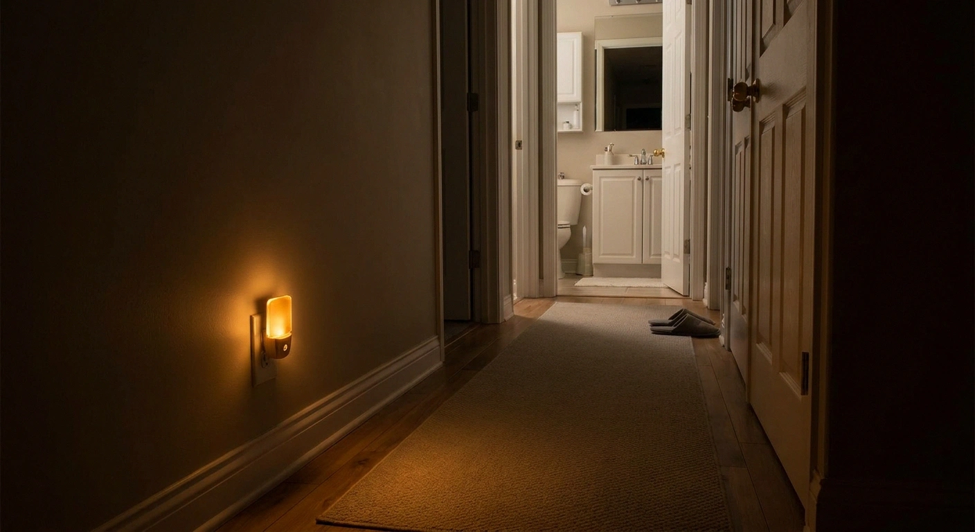 Motion-sensor night light in bathroom hallway for safe nighttime navigation with neuropathy