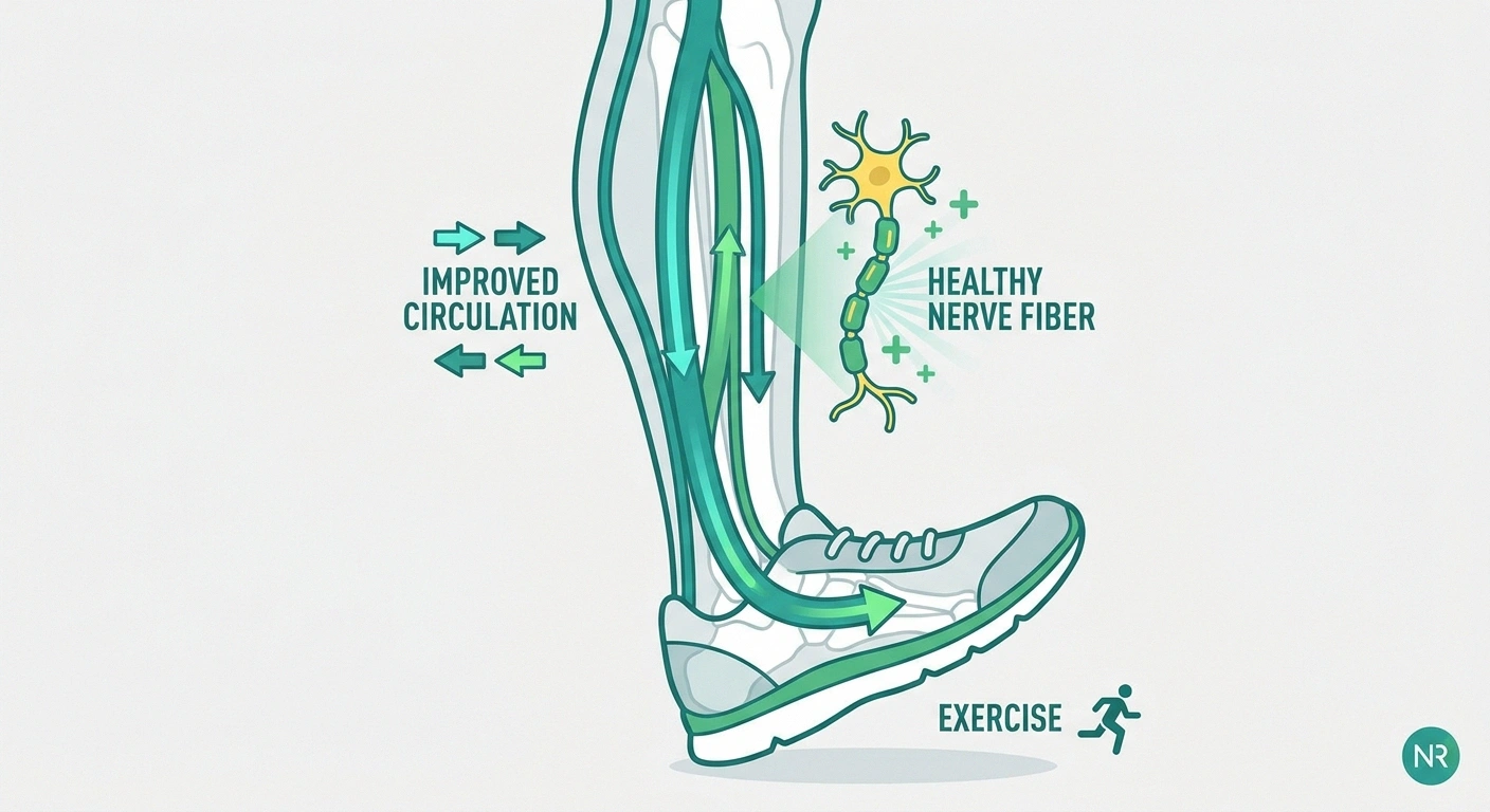 Medical illustration showing how chair exercises improve blood circulation to neuropathic nerves in the legs and feet