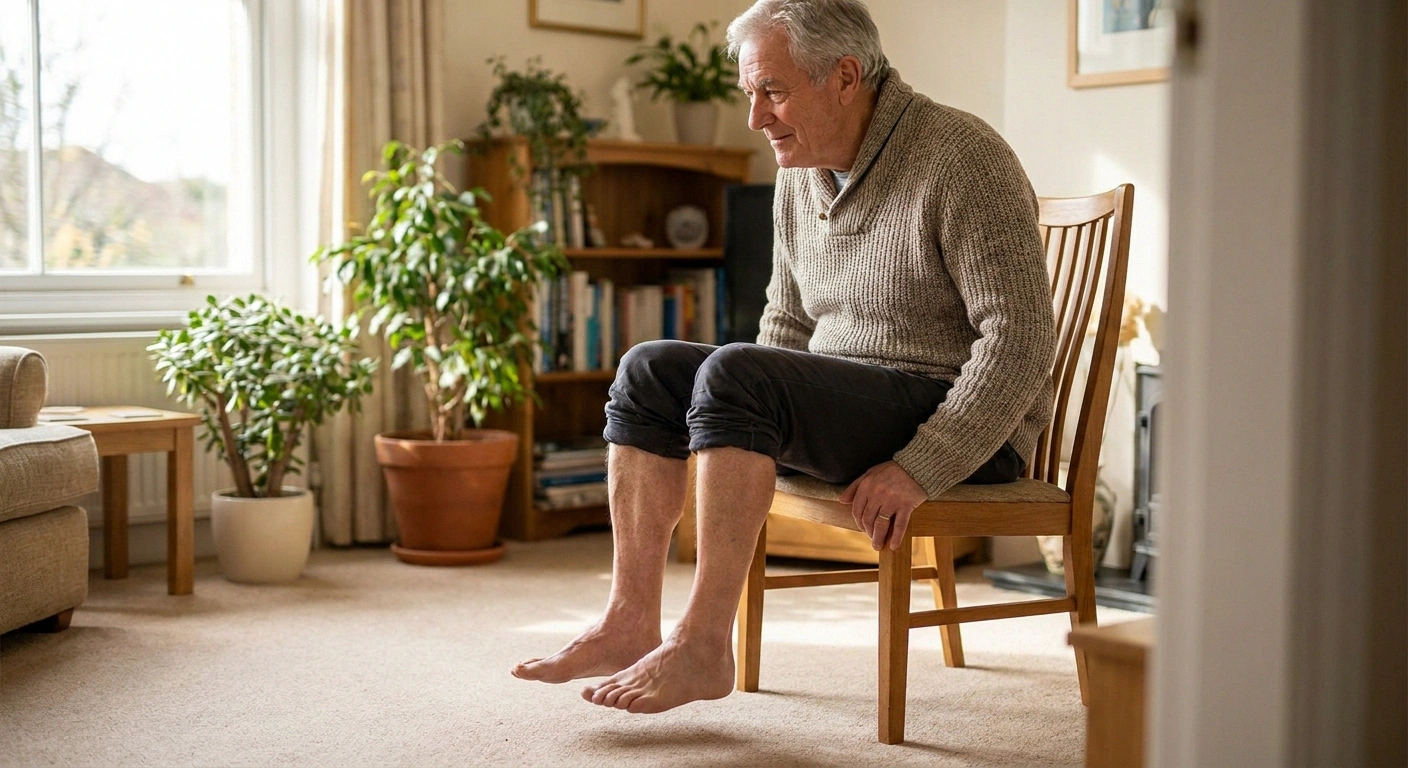 Older man performing seated heel raise exercise to strengthen calf muscles and improve circulation for neuropathy