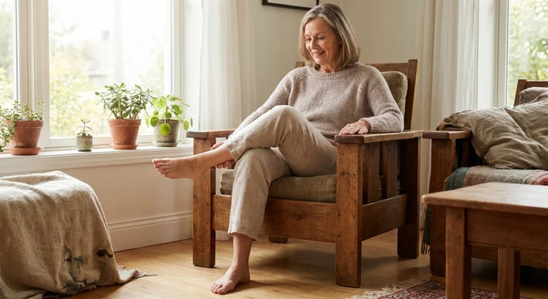 Older woman performing seated ankle circle exercises for neuropathy relief
