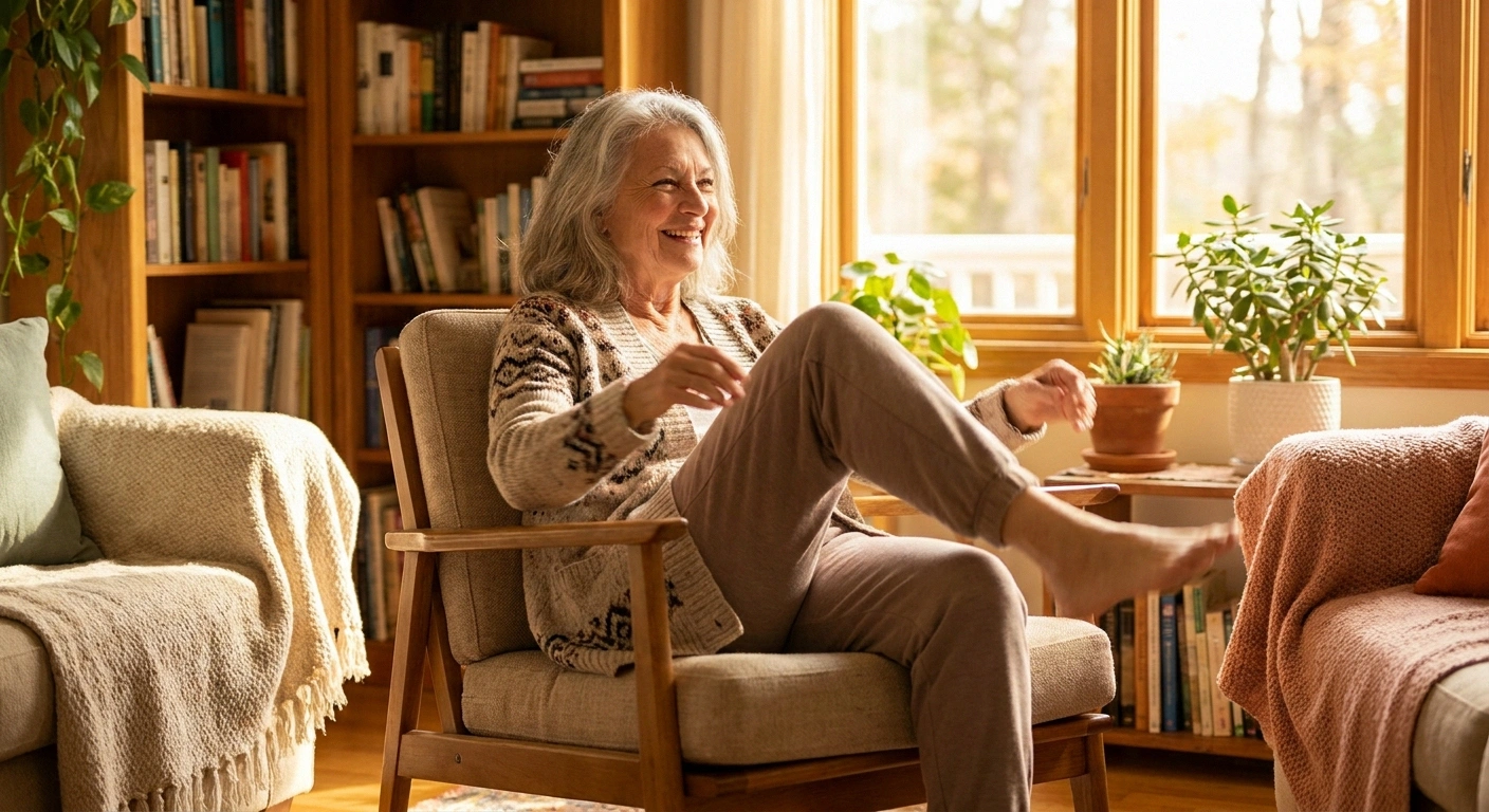 Older woman doing seated marching exercise to improve lower body circulation and coordination for neuropathy management