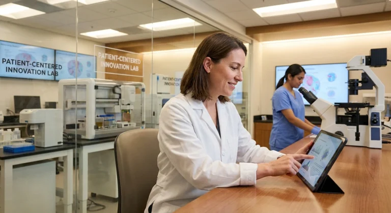 Researcher reviewing neuropathy clinical trial data in a modern laboratory setting
