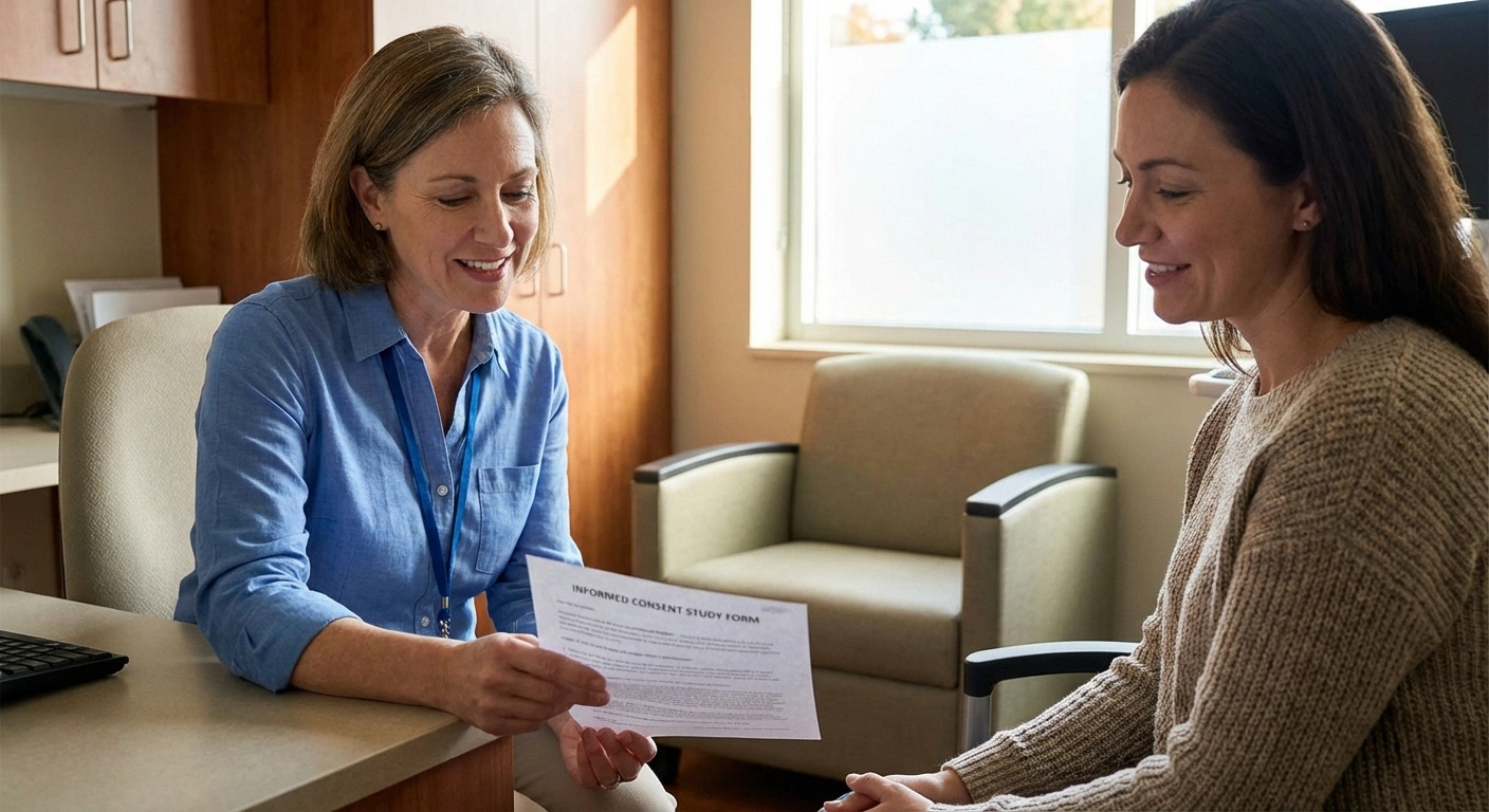 Patient meeting with a research coordinator to discuss neuropathy clinical trial participation