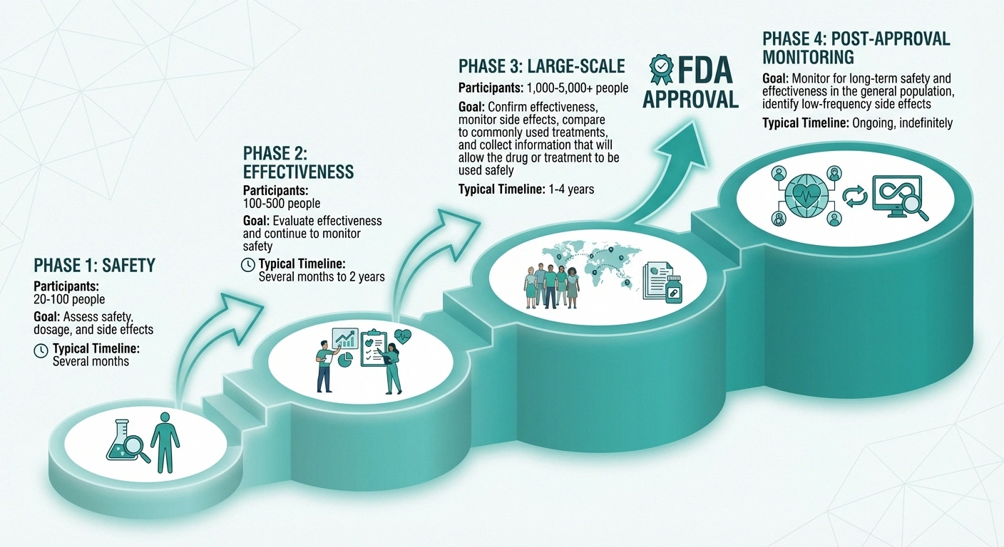 Infographic showing the four phases of clinical trials from safety testing to post-approval monitoring