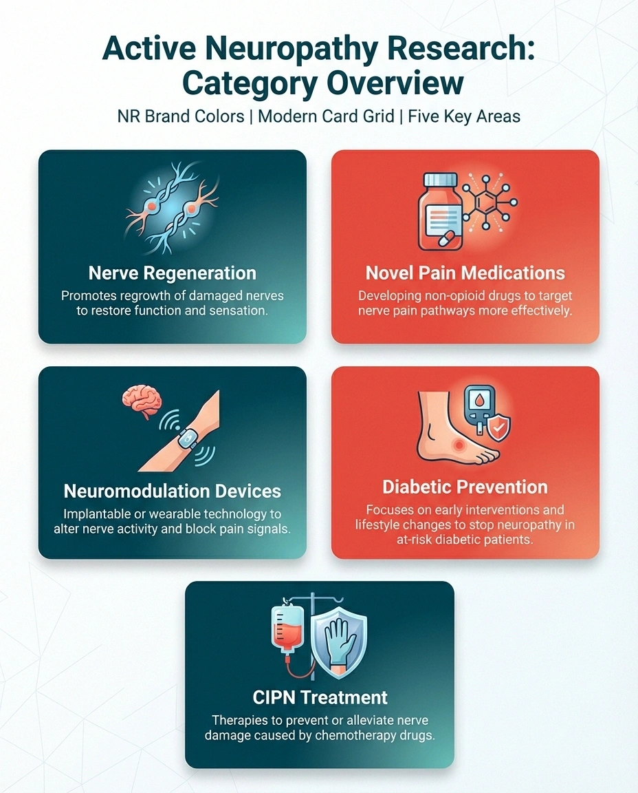 Overview of five categories of active neuropathy clinical trials currently recruiting patients