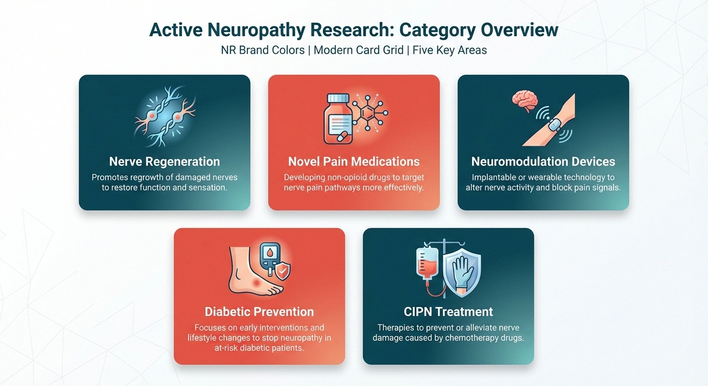 Overview of five categories of active neuropathy clinical trials currently recruiting patients
