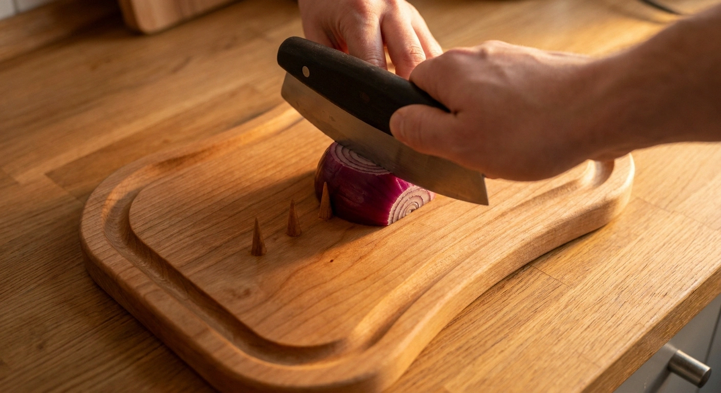 A close-up of an adapted cutting board with raised edges and corner spikes holding an onion while a rocker knife cuts through — no second hand needed.