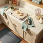 A neuropathy-friendly home kitchen counter with an adapted cutting board, rocker knife, electric jar opener, food processor, and an anti-fatigue mat at the prep zone.